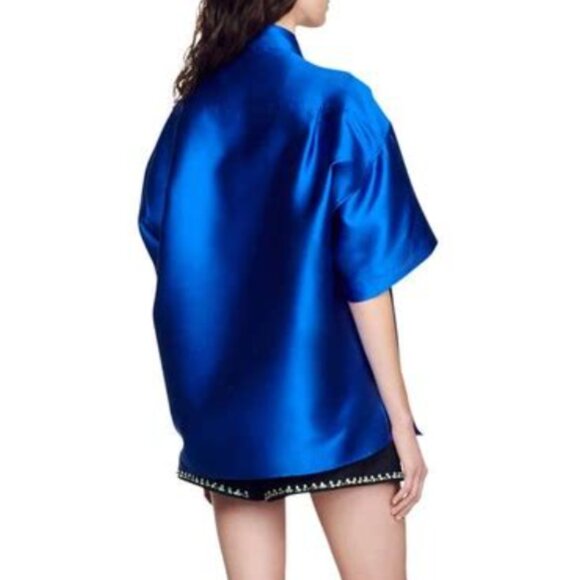 Sandro June Short Sleeve Satin Shirt in Electric Blue Size 2 (US 6) 6275 - Picture 3 of 3